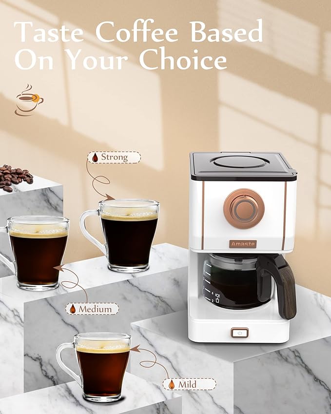 Amaste Retro Style Coffee Machine with 25 Oz Glass Coffee Pot, Reusable Coffee Filter & Three Brewing Modes, Warming Plate, Elegant White with Rose Gold - Image 4