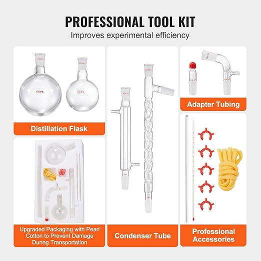 VEVOR Laboratory Distillation Set, 3.3 Borosilicate Glass Equipment with 24/40 Joint, 1000ml Capacity for Essential Oil Extraction, 14-Piece Glassware Kit - Image 5