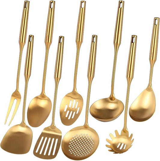 Gold Kitchen Utensils Set - 15" All Metal Cooking Tools Set of 9 | 18/10 Stainless Steel Cooking Utensils - Fork, Solid/Slotted Spoon, Spatula, Ladle, Skimmer, Turner, Pasta Spoon, Large Spoon by Standcn