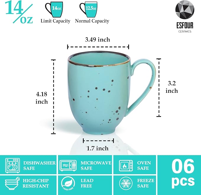 Esfour Ceramic Coffee Mugs Set Of 6, 14 Oz Large Handle Heavy Duty Cups - Microwave Dishwasher Safe - Latte, Cappuccino, Tea, Cocoa, Mocha - Men, Women, Home Office Daily Use, Natural Assorted Colors - Image 2
