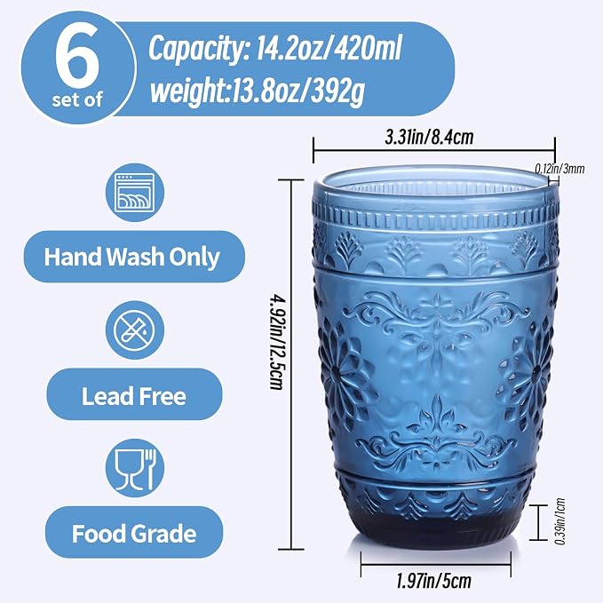 abrwyy Blue Drinking Glasses, Blue Glassware, 14oz Vintage Drinking Glasses | Lead-Free Glass, Thick&Durable Glass, Home Decoration, Drinking Glasses Set of 6 - Image 5