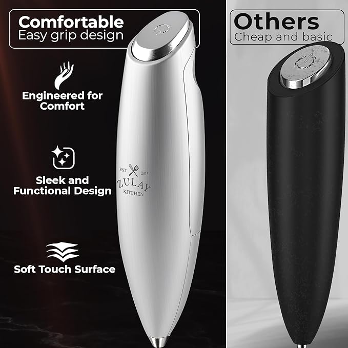 Zulay Kitchen Tornado Whisk Milk Frother with 4 AA Duracell Batteries - Triple Whisk for More Power - Handheld Coffee Frother with Stand - Drink Mixer for Lattes, Matcha & Protein Shakes