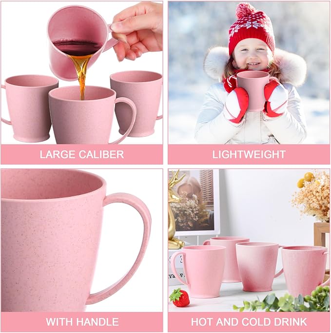 Zopeal 16 Pack Wheat Straw Plastic Coffee Cups Mugs 10 Oz Reusable Plastic Cup Mug with Handle Lightweight Microwavable Dishwasher Safe Unbreakable for Tea Milk Water Juice Coffee (Nordic Pink) - Image 4