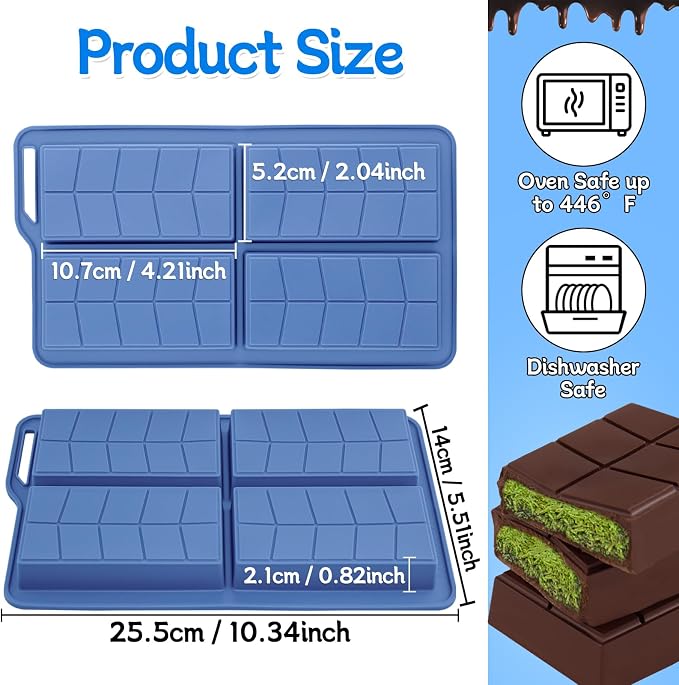 Silicone Chocolate Bar Molds Non Stick 0.82inch Deep,2 Pack Dubai Stuffed Bar Thick Mold for Homemade Making Filling Chocolate Energy Granola Bar - Image 3