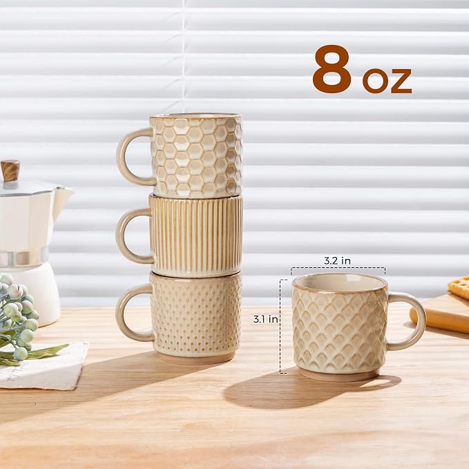 GBhome 8 OZ Stackable Coffee Mugs Set of 4, Ceramic Coffee Cups Set | 4 Assorted Designs, Embossed Mugs with Texture Patterns for Espresso/Tea, Dishwasher&Microwave Safe, Khaki - Image 2