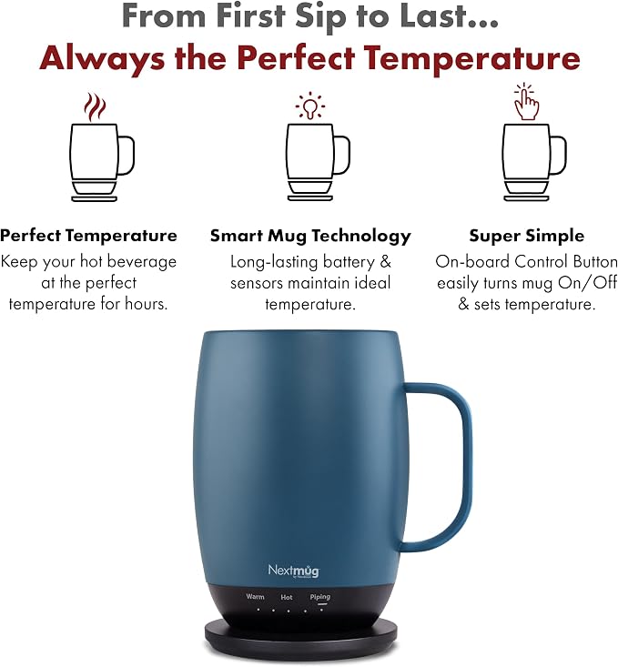 Nextmug Plus - Temperature-Controlled, Self-Heating Coffee Mug | (Slate Blue - 18 oz.) – No App, Long-Lasting Battery for Work & Study, Great Gift for Coffee Lovers - Image 2