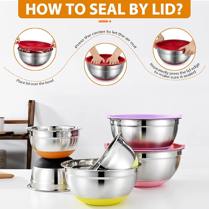 Mixing Bowls with Airtight Lids, 18pcs Stainless Steel Mixing Bowls Set | Nesting Non-slip Silicone Bowls Bottom, Size 4.5, 3.6, 2.7, 2.1, 1.7, 1.1, 0.7 qt, Fit for Mixing & Serving(Colorful ) - Image 3
