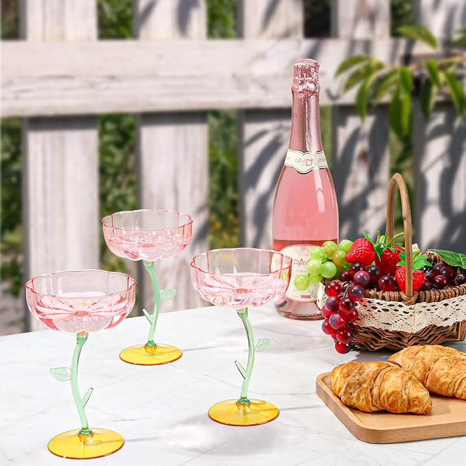 24 Pcs Pink Plastic Ribbed Coupe Glasses Detachable 7oz Flower Cocktail Glasses Modern Wavy Plastic Cocktail Coupes Disposable Martini Glasses Mimosa Glassware Champagne Goblets (24, PInk) - Image 6