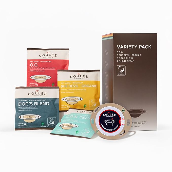 Coulée EcoPour Coffee Variety Pack, Single Serve Pour Over Coffee, Use for Camping or Traveling, Pre Filled Compostable Filters, Ready to Brew with Hot Water, Includes 4 Flavors, 20 Pack