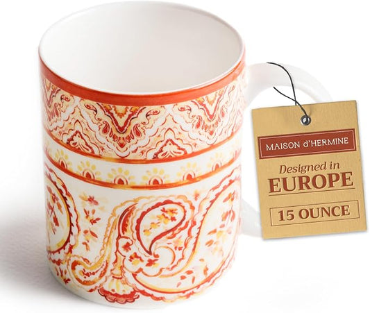Maison d' Hermine Coffee Mug with Handles Tea Cups (15 Ounce, Pack of 1) | Fine Bone China Coffee Mugs for Hot Beverages Cappuccino Latte Home Hotel Spring Summer -Palatial Paisley - Indian Summer by MaisondHermine