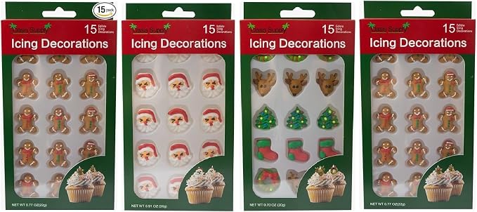 Christmas Edible Cake Decorations - Candy or Cupcake Topper -Gingerbread Man, Santa Face, Trees, Wreaths, Reindeer, & Christmas Boots 60 Pieces Total by OasisSupply