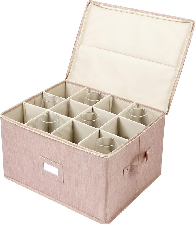 Wine Glass Storage Box, Stemware Storage Containers Cases with Dividers | Stackable Moving Supplies for 12 Wine Glasses, Drinkware , Glassware or Crystal, Hard Top and Stackable (Beige) by popoly