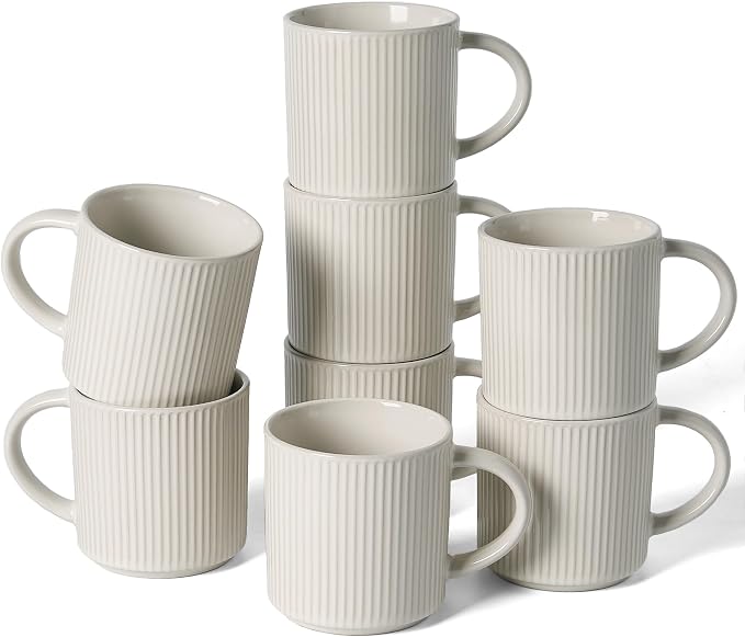 famiware Coffee Mug Set for 8, Star 12 oz Catering Mugs Cup Set with Handle for Coffee, Tea, Cocoa, Milk- Ceramic Stoneware Drinkware Set, Oat by Famiware