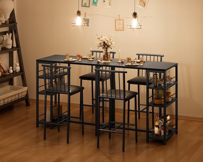 Gizoon 3-Piece Bar Dining Table Set for 2, Kitchen Table w/Shelves Black | Space-saving black bar height table set with 3 storage shelves. Includes 2 high-density PU cushion chairs that tuck away. - Image 5