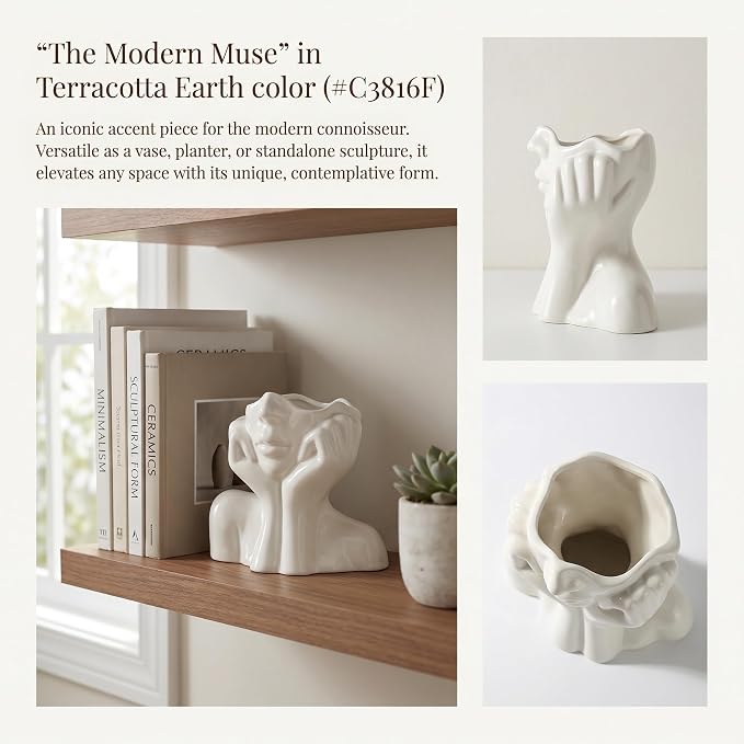 Ceramic Face Vase - Cute Half-Body Female Head Planter for Flowers, Modern Farmhouse Decor - Perfect for Desk, Table & Bookshelf, Home Accent - Image 3