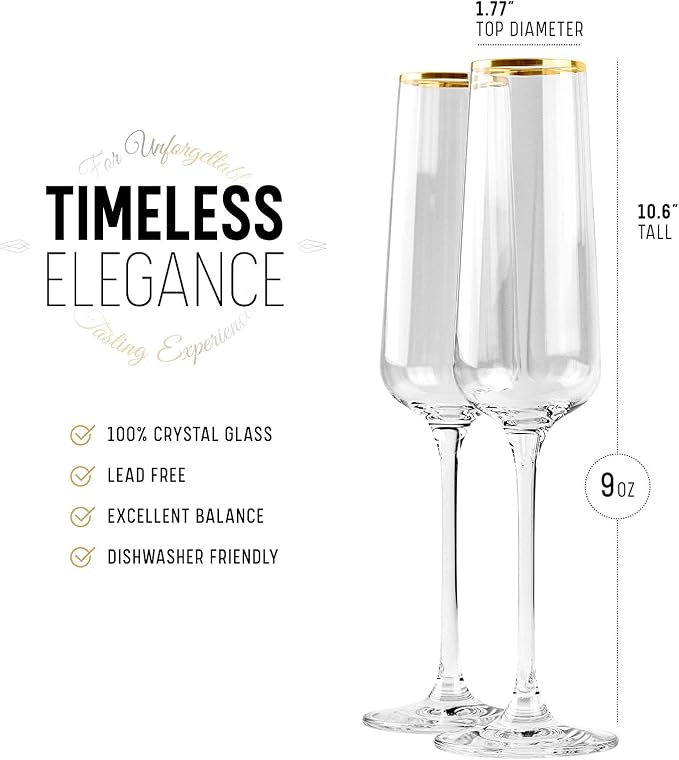 Gold Rim Champagne Gift Glasses | Set of 2 | Crystal Square Toasting Flutes for Bride and Groom, Wedding, Anniversary, Birthday | Elegant Long Stemmed Glassware for Sparkling Wine, Prosecco - Image 5