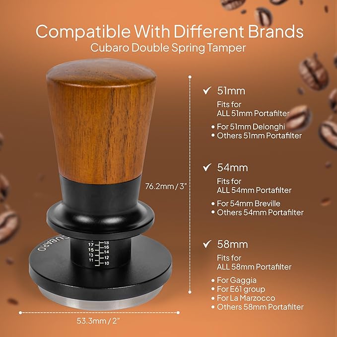 53.3mm Calibrated Espresso Tamper - 30lb Spring Loaded Auto-Leveling Coffee Tamper with Walnut Handle & Ripple Stainless Steel Base - Fits 54mm Breville Portafilter Machines