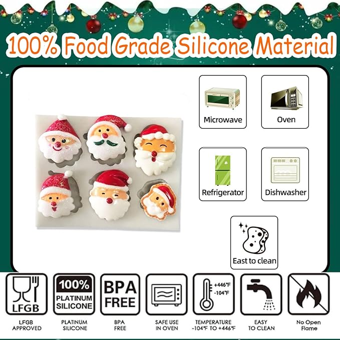1 Pcs Santa Claus Christmas Silicone Molds for Chocolate 6-Cavities Candy Silicone Mold Ice Cube Molds for Dessert Soap Jello Ice Wax Melt Christmas Holiday Party Baking Cake Decor Mold