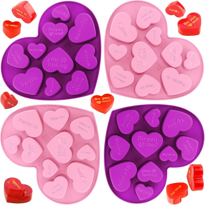Patelai 4 Pieces Conversation Heart Molds Mixed Size 40 Holes Valentine's Day Heart Shaped Silicone Molds Non Stick for Chocolate Fondant Jelly Pudding Dessert Baking Candy(Pink, Purple) by Patelai