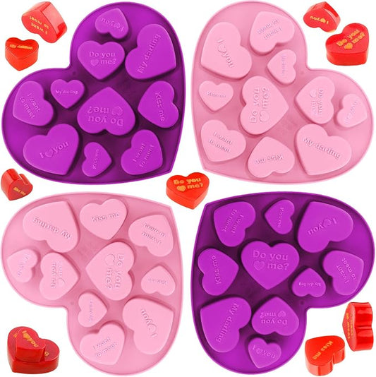 Patelai 4 Pieces Conversation Heart Molds Mixed Size 40 Holes Valentine's Day Heart Shaped Silicone Molds Non Stick for Chocolate Fondant Jelly Pudding Dessert Baking Candy(Pink, Purple) by Patelai