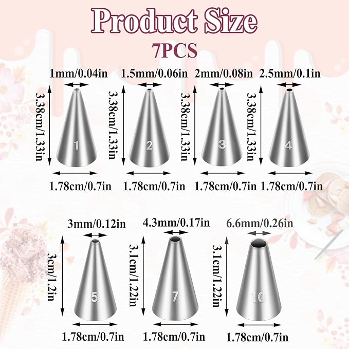 Jeffdad 7 Pcs Round Hole Piping Tips Set, Professional Stainless Steel Cupcake Frosting Nozzles Tool Russian Pastry Icing Dispensers Supplies for Cake Decorating Supplies Baking Set Tools(7PCS)