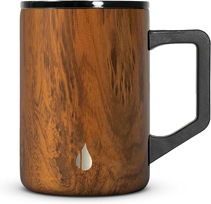 Elemental Insulated Coffee Mug - Triple-Wall Stainless Steel Summit Travel Cup for Hot and Cold Drinks - Thermal Coffee Mug with Lid and Handle for Camping, Office & Travel 16oz - Teakwood by Elemental