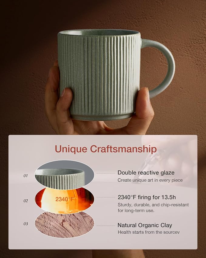 famiware Coffee Mug Set for 6, Star 12 oz Catering Mugs Cup Set with Handle for Coffee, Tea, Cocoa, Milk - Ceramic Stoneware Drinkware Set, Matte Green - Image 6