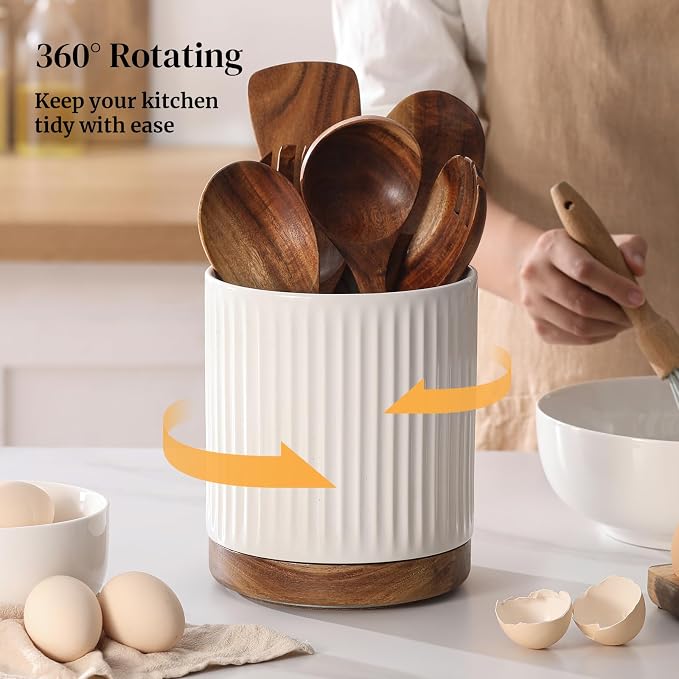 DOWAN 360° Rotating Extra Large Cooking Utensil Holder, 7.6" Kitchen Utensil Holder for Countertop, Utensil Crock for Farmhouse Kitchen Decor, Ceramic Stable Utensil Caddy, White Stripes - Image 7