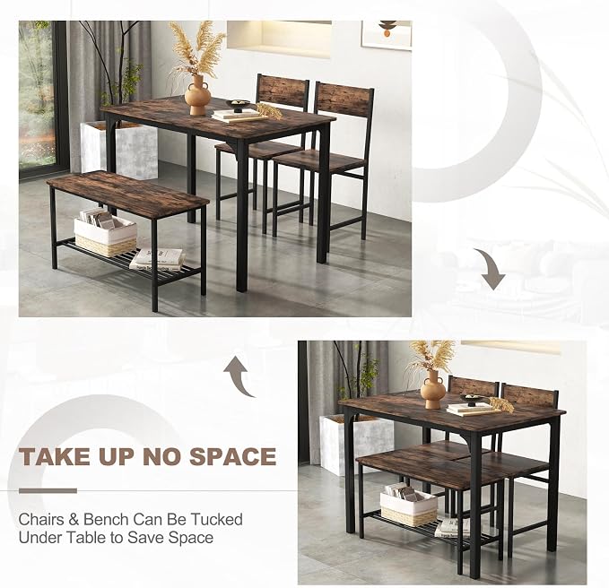 Giantex Dining Table Set for 4, Kitchen Table with Bench and Chairs, Industrial Gathering Bench Dining Set W/Metal Frame & Storage Rack, Dinette Set, Modern Functional Desk Set (Rustic Brown) - Image 7