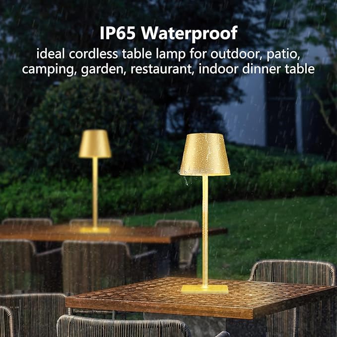 Yogaret Gold Rechargeable Cordless Table Lamp, Battery Operated, 2 Pack | 6000mAh battery lamps waterproof wireless portable design for outdoor patio, dining tables, kitchens, restaurants home bar - Image 3