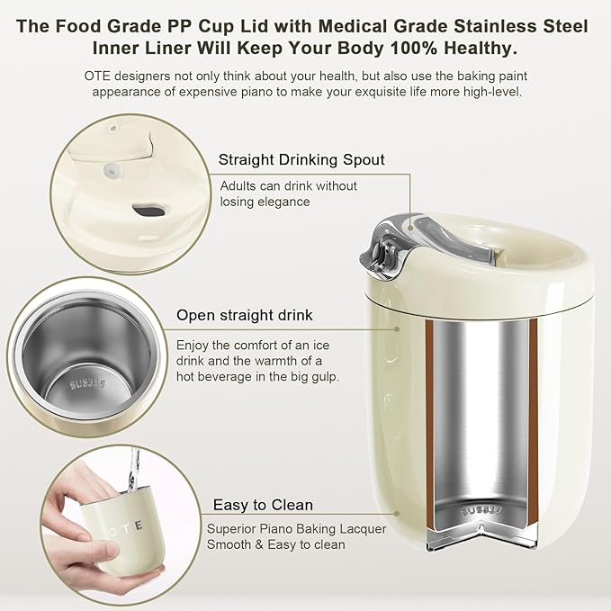 OTE Mini Coffee Travel Mug, Double Walled Coffee Cup 220ml Vacuum Insulated Stainless Steel with Leakproof Lid, Reusable Coffee Cups, BPA-Free, Mini Thermal Mug/to Go Cups for Hot Cold Drinks (Beige)