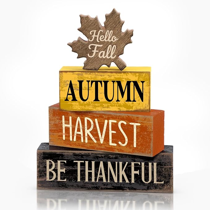 Moucuny 4 Pcs Fall Decor Wooden Maple Leaf Decoration Thanksgiving Tiered Tray Decor Rustic Wooden Maple Leaf Block Sign Thanksgiving Table Centerpiece Farmhouse for Autumn Harvest Party Kitchen Home by Moucuny