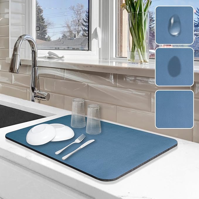 Dish Drying Mat for Kitchen Counter, 12"x19" Pad with Rubber Backed (Blue) | Hide Stain Anti Absorbent for Kitchen Counter, Non-slip Drying Mat for Coffee Machine Dish Rack by Etomiel