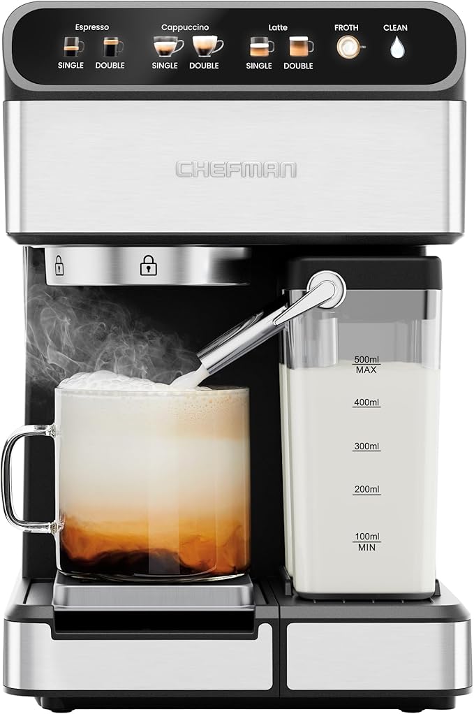 Chefman CaféMaster Pro Espresso Machine, Brew Single or Double Shots, Coffee Maker with Built-In Milk Frother for Cappuccino & Latte, XL 1.8 Liter Removable Water Reservoir - Stainless Steel by Chefman