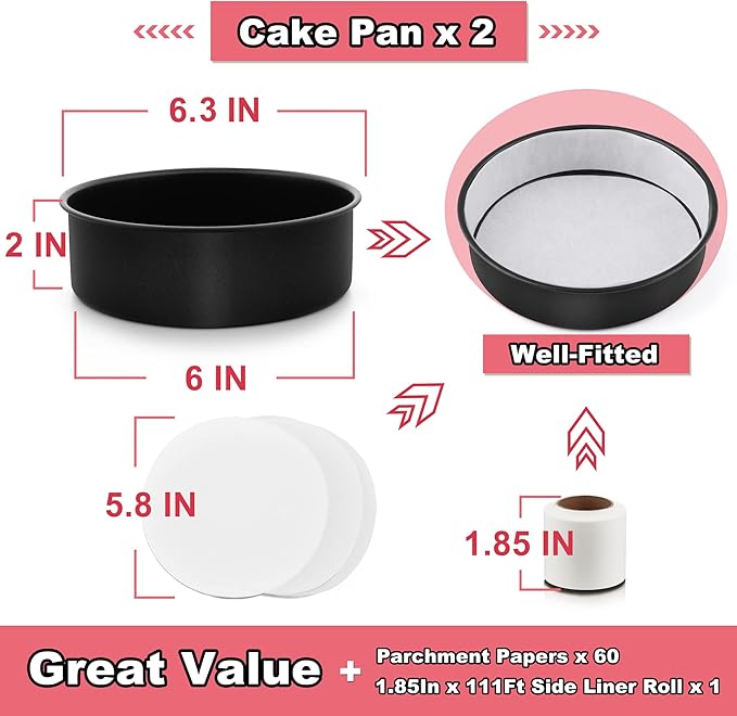 E-far 6 Inch Cake Pans Set of 2, Nonstick Stainless Steel Small Round Baking Pans with Parchment Paper & Side Liner Roll, Stainless Steel Core & Non-toxic Coating, Straight Side & 2 Inch Deep - Image 2