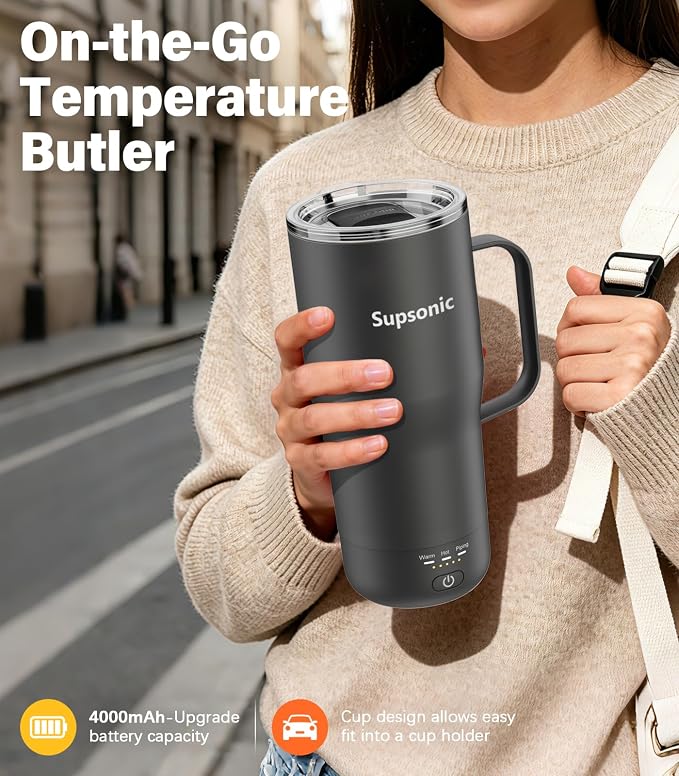 Supsonic Heated Coffee Mug Rechargeable, 20oz Long-Lasting Battery (S3) | Dry-burn protection, 2Hr auto-off, 3-Temp settings, Constant temperature, Inner stainless steel, Warm gift for men women - Image 4