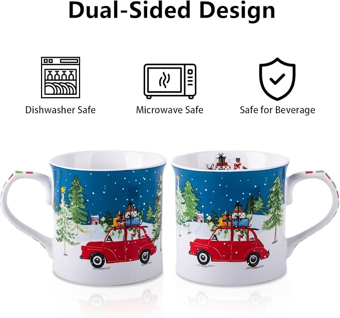 12 oz Christmas Car Coffee Mug, Festive New Bone China Mug with A Red Beetle in Snowy Winter Scene, Holiday Gift for Car Lovers, Kids & Family, Designed in England by Harvest Green Studio - Image 5