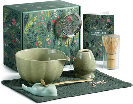 Matcha Whisk Set, 7 Pcs Japanese Matcha Kit Includes Matcha Bowl with Spout, Bamboo Whisk, Chasen Holder, Stainless Sifter, Scoop and Rest, Tea Towel, Matcha Tea Set Gift for Family/Friend