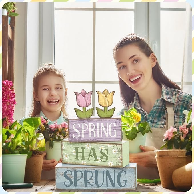 Moucuny 4 Pcs Spring Table Decorations Wooden Stacked Block Sign with Tulip Decor - "spring Has Sprung" Centerpiece Rustic Easter Tiered Tray Decorations Flower Signs for Home Kitchen Tabletop Mantel - Image 4