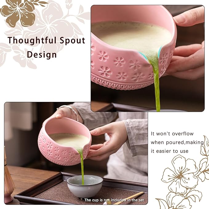 Matcha Whisk Set, Ceramic Matcha Kit Set Includes Matcha Bowl, Matcha Whisk and Holder, Bamboo Scoop, Scoop Rest, Sifter and Tea Towel - 7 Pcs Matcha Kit for Matcha Lovers (Pink)