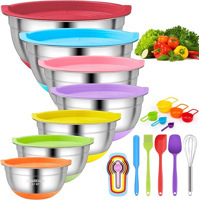 Mixing Bowls with Airtight Lids, 18pcs Stainless Steel Mixing Bowls Set | Nesting Non-slip Silicone Bowls Bottom, Size 4.5, 3.6, 2.7, 2.1, 1.7, 1.1, 0.7 qt, Fit for Mixing & Serving(Colorful ) by CHAREADA