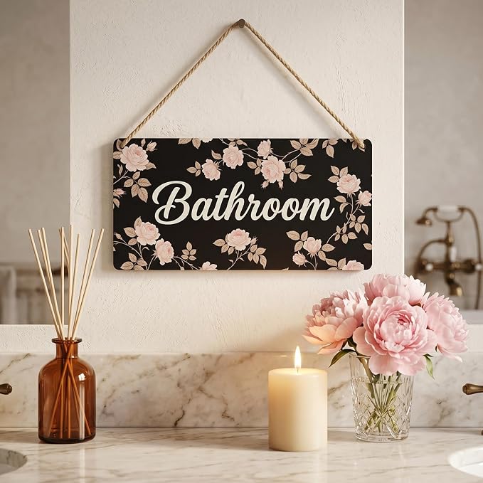 Vintage Farmhouse Bathroom Wall Decor Floral Wood Plaque Room Sign with Hanging Rope, Rustic Cottage Styling, Thoughtful Housewarming Gift 12x6 Inches - Image 6