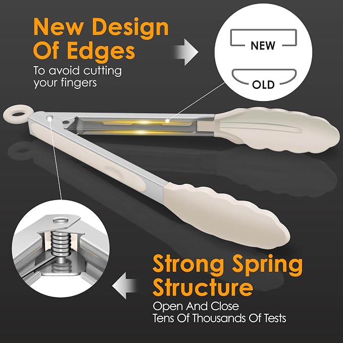 HOTEC Premium Stainless Steel Locking Kitchen Tongs with Silicon Tips, Set of 3-7", 9" and 12" (Khaki) - Image 6