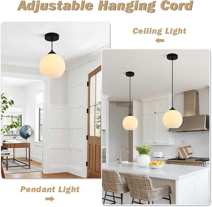 KCO Lighting Mid Century Modern Black 7.9” White Milk Glass Pendant Light | E26 Hardwired Adjustable Cord for Sloped Ceilings Farmhouse Vintage Ribbed Glass Hanging Light for kitchen island Dining Room - Image 7