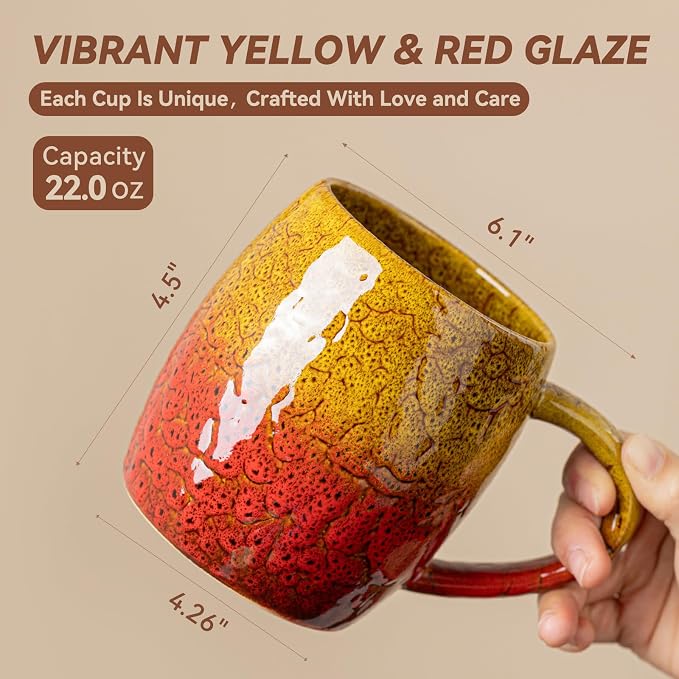 Handmade 22oz Ceramic Coffee Mug, Ergonomic Large Handle, Ideal Gift for Coffee Lovers, Microwave & Dishwasher Safe (Bas-Relief - Yellow&Red) - Image 5