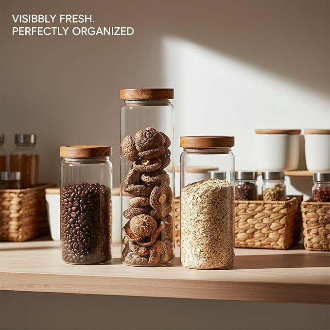 Clear Glass Storage Jars with Acacia Wood Lids for Pantry Organization - Dry Food Containers for Kitchen Countertops - Image 2
