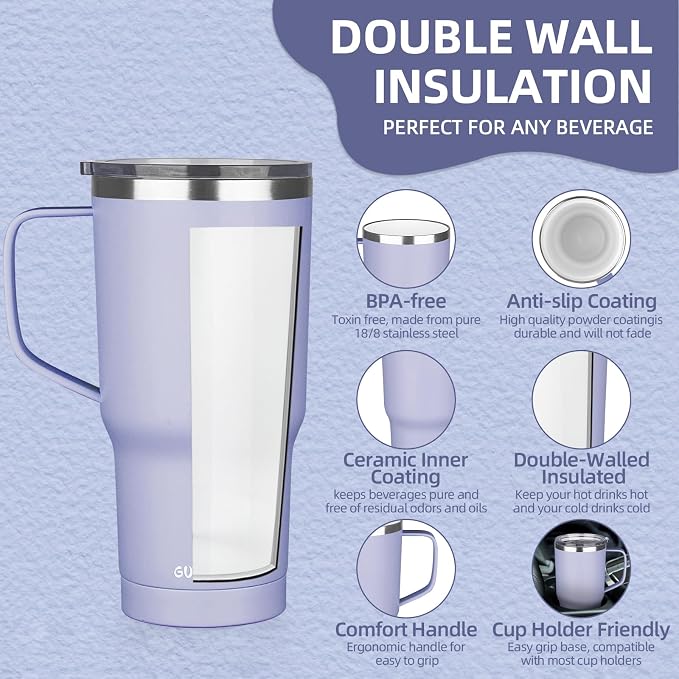 20 oz Insulated Coffee Mug with Ceramic Coating, Stainless Steel Travel Mug Tumbler with Handle Lid and Straw, Double Wall Leak-Proof Coffee Travel Mug Keeps Drink Hot and Cold (Light Purple) - Image 3
