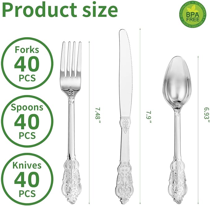 N9R 120PCS Silver Plastic Silverware, Vintage Disposable Utensils & Cutlery | 40 Fancy Forks, Spoons, Knives, Heavy Duty, BPA-Free, for Party, Weddings, Birthday & Holiday - Image 2
