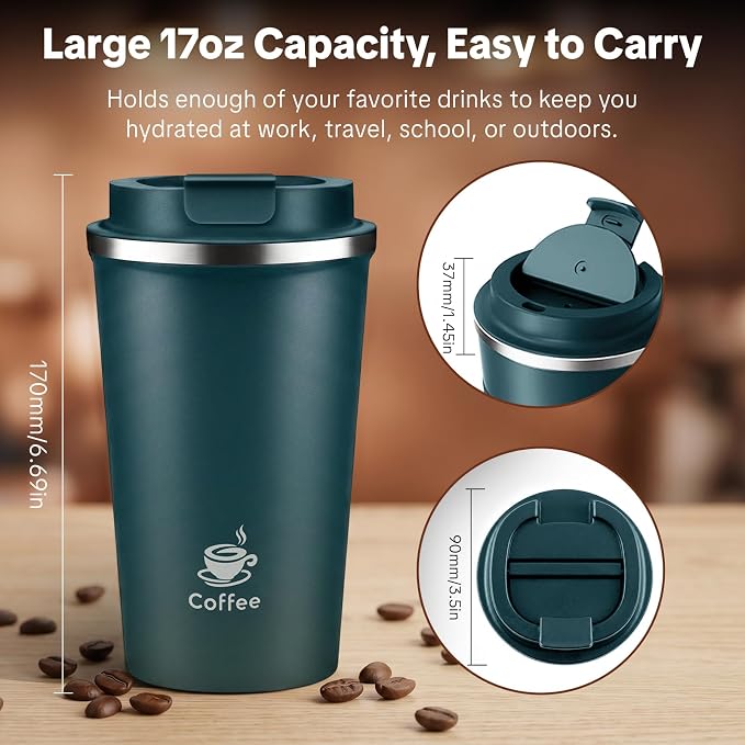 17oz Travel Coffee Mug ,Leakproof Vacuum Coffee Cup Insulated Tumbler | 304 Stainless Steel, Double-Wall Vacuum Insulated, Leakproof, Fits Hot & Cold Drinks Car Cup Holders, Travel, Office - Image 3