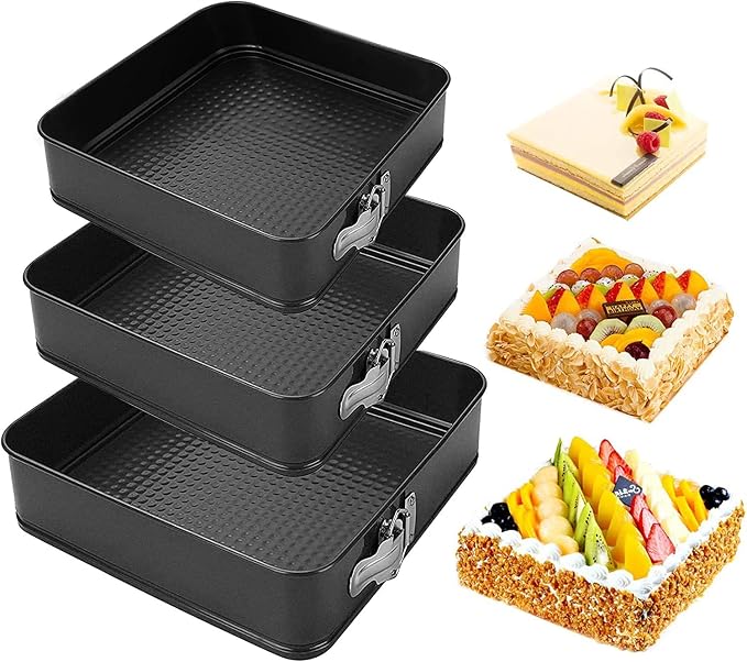 Kitchen Tool Cake Baking Supplies Non-stick Removable Bottom Springform Cake Pan Tin Baking Mold Square Shaped Leak proof and high temperature resistantCake Pans Set of 3 (Square) by JNXHON